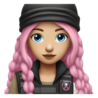 girl, white skin, tactical vest, dark pants, long pink hair, blue eyes, black beanie hat with crescent moon on front, black combat boots, gun sticker