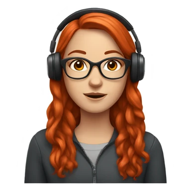 white girl, with long red red hair, square glasses, wearing headset sticker