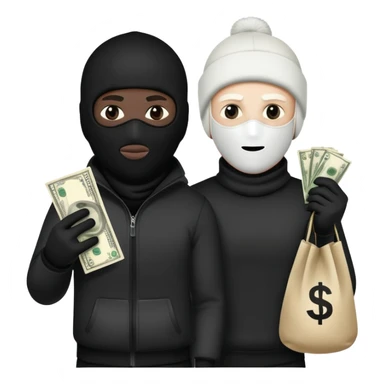Two men one with white skin color and the other black skin color and both wearing black Ski masks holding money bag sticker
