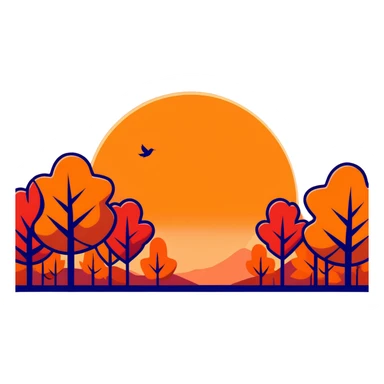fall sunset with pumpkins, orange and red sky, falling leaves sticker