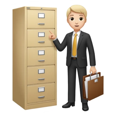 A person in business attire pointing to a tall filing cabinet, indicating document organization. sticker