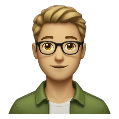 a boy with light brown hair, short on the sides and a little longer on top, round black glasses, a short but still visible beard. green eyes and hump on the nose. sticker