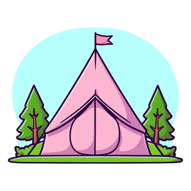 cute pink tent set up in a grassy meadow with trees sticker