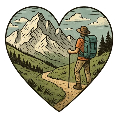 heart with a mountain hiking theme sticker