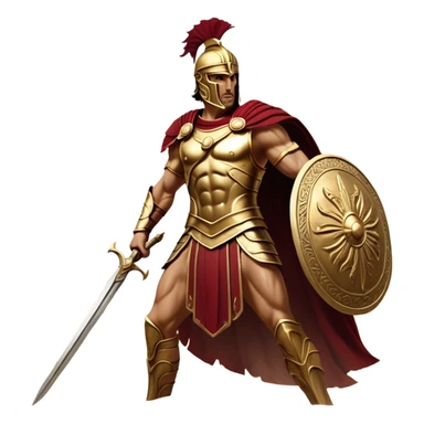 Cinematic-realistic Achilles, the unstoppable Greek warrior, standing fearlessly on the battlefield of Troy. His golden armor gleams under the scorching sun, each intricate engraving telling tales of his past glories. His piercing gaze locks onto his foe, his grip tightening around his ornate bronze sword as his crimson cape billows behind him. The dust swirls at his feet, the echoes of clashing weapons and distant war cries surrounding him, the essence of an immortal legend in motion. sticker