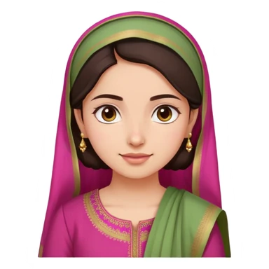 girl with light wheatish skin, dark brown hair, wearing dark pink kurti with sage green dupatta on head sticker