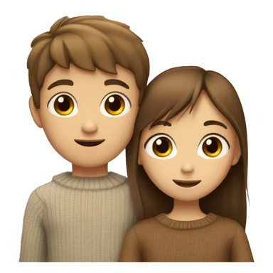 a young boy with brown hair and brown eyes in love hugging a thin girl with brown middle straight hair and fringe with big brown eyes and a sweater on.  sticker