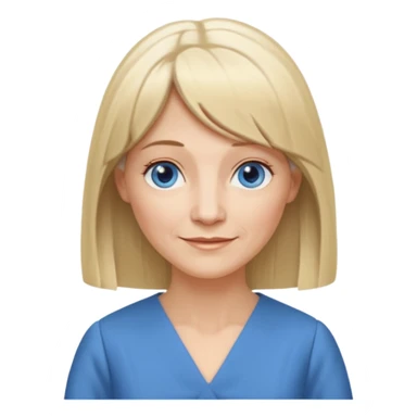 50 yr old white woman, hippie parted very long hair, short bangs, very long straight blond hair, oval face, small smile, blue eyes, thin face, hair downback, hair parted at center of head, round cheeks, pale, longer hair, business dress sticker