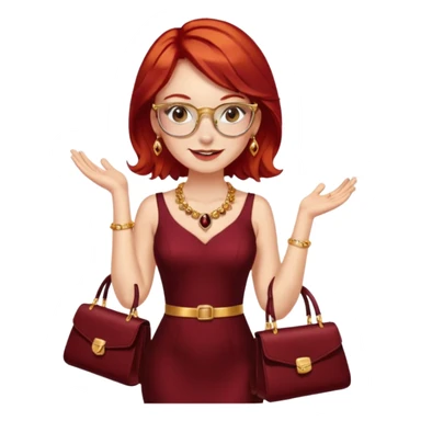 chica pelo rojizo pendientes de oro gafas doradas pecas collar granate vestido brillante dorado tacones dorados medias marrones bolso negro y de fondo una gala sticker