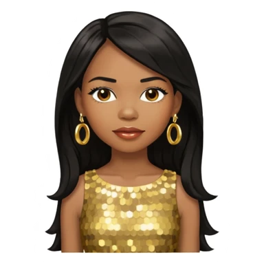Michelle Williams R&B Singer, Long Black Hair, Medium Dark Skin, Brown Eyes, Gold Dress with earrings sticker