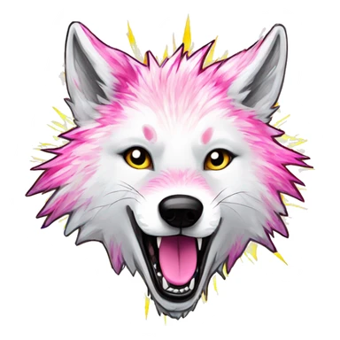 Sparkling crazy white aggressive wolf dancing snow mad big eyes illustration doodle high contrast lightning bolt halo sun beams white pink yellow red party sparkle glitter sticker