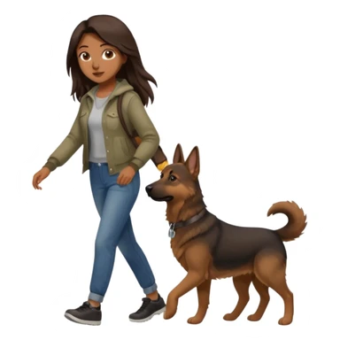 a girl with a brown dark long long hair, she's walking her dog is a german shepard sticker