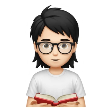 generate a pretty fair bratz boy with a long messy mullet (black hair), wearing a white tshirt. Reading a book. He has spectacles on.  sticker