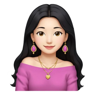 South Korean girl in her mid-thirties with long black hair with a middle part. She is wearing a pink, off the shoulder long sleeve knit sweater, extra small gold earrings and a gold necklace. She has brown eyes with narrow, mono lid shape and smiling with lips together sticker