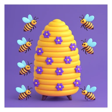 a purple beehive with five purple bees flying around, cheerful and cute, no text sticker