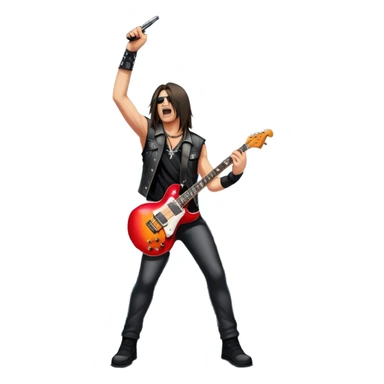 Icon for Heavy Metal: a metal band on stage, with electric guitars, drums, and a powerful vocalist. The atmosphere is intense with flashing lights, music notes, and a crowd of fans. The design should capture the energy and power of a live heavy metal performance. Transparent background. sticker