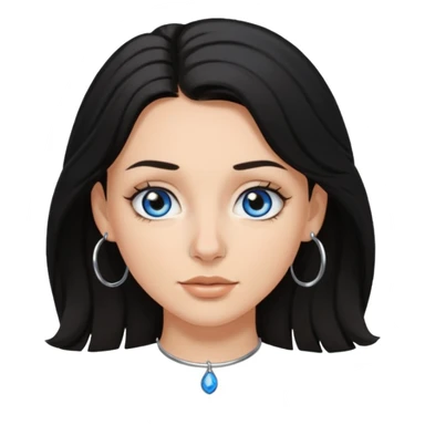 White Girl with black shoulder length hair slightly curly, has a tan, blue eyes, nose ring hoop sticker