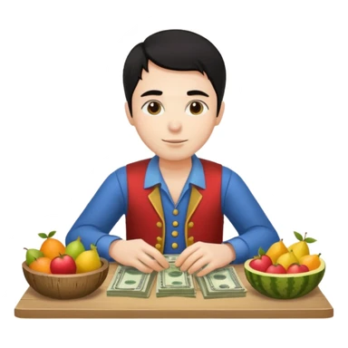 hombre piel clara pelo negro con ropa de frutero sentado en una mesa contando mucho dinero sticker