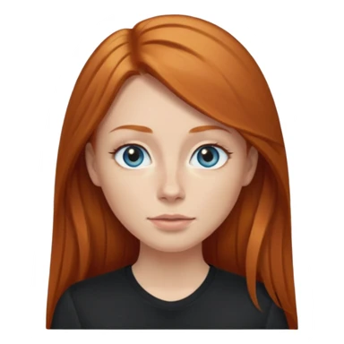 Ginger head woman with long hair and lightblue eyes, straight nose, almond eyes, black shirt,  sticker