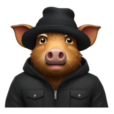fullface wild tired brown boar with stubble in a black jacket and a black winter hat sticker