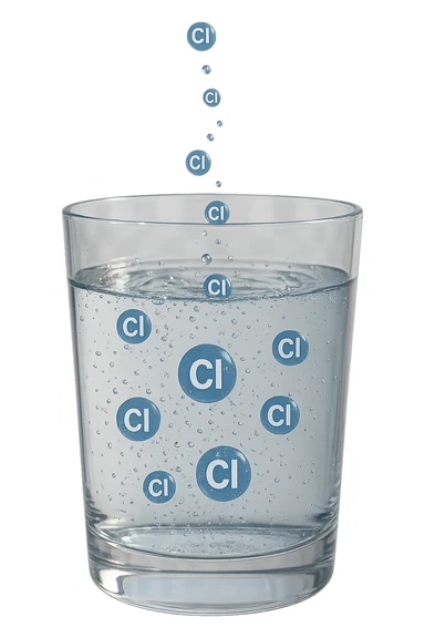 un bicchiere di acqua realistico e dettagliato fluttua in aria, dentro l'acqua del bicchiere ci sono particelle di cloro ben visibili con la scritta "Cl" sopra, ci sono particelle anche che escono dal bicchiere e fluttuano in aria verticalmente, mentre alcune sono all'interno dell'acqua nel bicchiere, iperrealistico 4k sticker