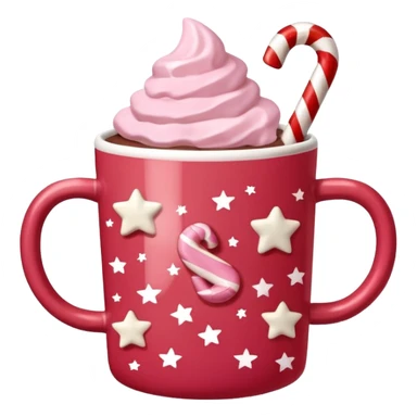 hot chocolate in red and pink pastel christmas mug with stars and candy cane, trendy aesthetic sticker