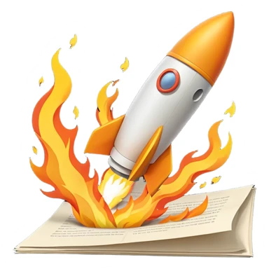 Rocket launching from stack of papers, fire trail, minimal flat design sticker