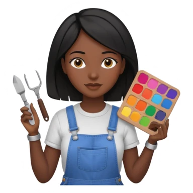 Créame emoji de una mujer que sea diseñadora industrial, pelo negra, piel morena, femenina con overol y una paleta de colores o herramientas de taller piel oscura chocolate  sticker