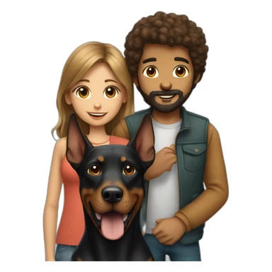 A boy with beard and with a beautiful girl playing with a boy Doberman dog sticker