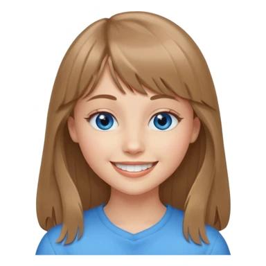 young female with heart shaped face, blue eyes, light brown long hair with bangs, smiling with straight teeth sticker