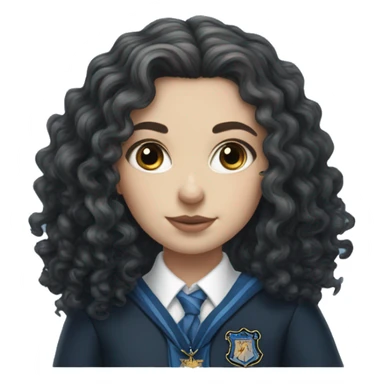 Hyper realistic White girl with long black curly hair wearing a ravenclaw school inform sticker