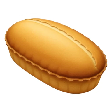 A madeleine pastry. Oval shaped with vertical lines going in the same direction as the oval. Light golden brown. Scalloped edge. Cookie. Stretched out oval sticker