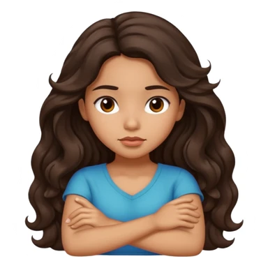 Hispanic girl with long dark brown wavy hair crossing her arms and slightly pouting sticker