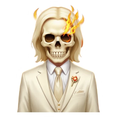 aesthetic shiny glowing divine lighting - Megadeth icon - a politician in an ivory ethereal suit wears a white tie, has a skull instead of a head, and instead of glasses, burns in fire sticker