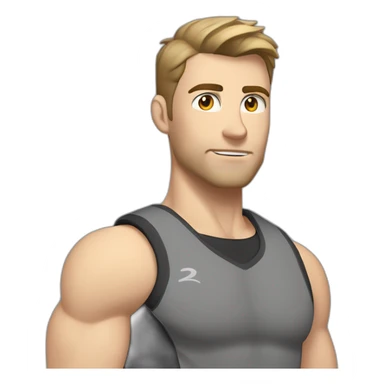 Pale skinned Fit Man With the biceps and dark brown hair in black shirt, gray sports shorts and white Sneakers His right hand near his back of the head sticker