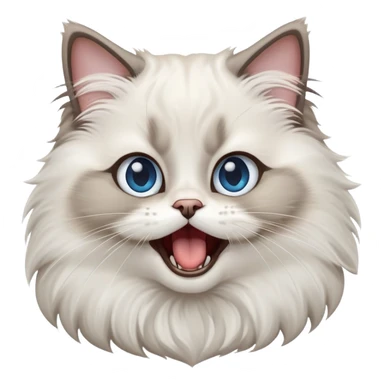 cinematic-adorable-big-eyed-fluffy-ragdoll-cat-portrait-emoji,-head-tilted-playfully-with-a-cute,-exaggerated-yawn,-white and grey fur,-simplified-yet-irresistibly-cute-features, blue eyes sticker