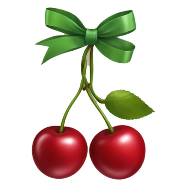 An emoji of two cherries hanging from a ribbon bow, with the cherries dangling below the tied bow sticker