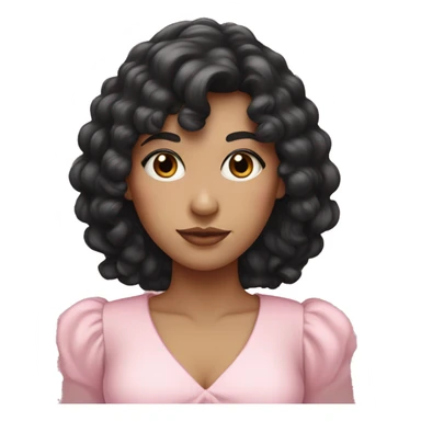 White woman with long black curly hair and bangs and dark brown eyes, wearing a pastel pink dress sticker