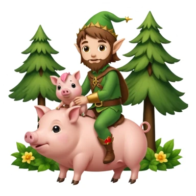 tiny forest elf man long brown hair beard riding baby pig sticker