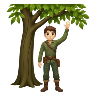 full body forest rogue man, from behind leaning against tree, one arm raised, leaf shadows on back sticker
