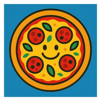 cartoon style margarita pizza with smiling face made from toppings sticker