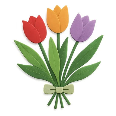 bouquet of tulips, layered paper details, multiple tulip colors, elegant arrangement, green leaves sticker