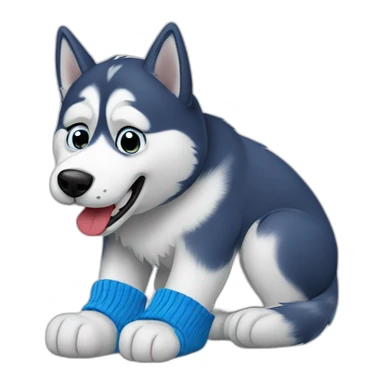 Confused husky biting a blue sock sticker