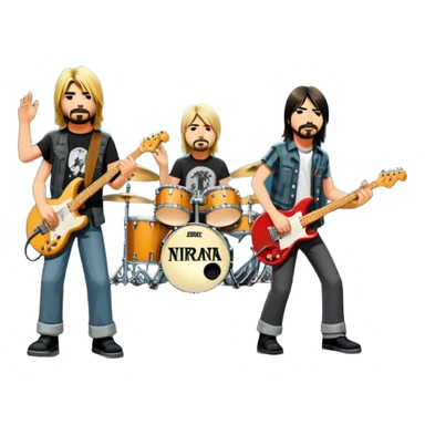 Icon for Rock Music: Nirvana performing on stage with Kurt Cobain on guitar and vocals, Krist Novoselic on bass, and Dave Grohl on drums. A grunge-inspired vibe with dynamic stage lighting and musical energy. Transparent background. sticker