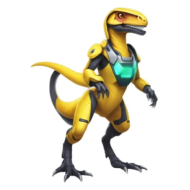 Shiny Edgy Velociraptor-Genesect-Fakémon-Pokémon wearing a with a futuristic cyber-helmet And suit Full Body sticker