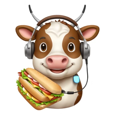 smiling cow with headphones, holding a sub sandwich, apple emoji style sticker