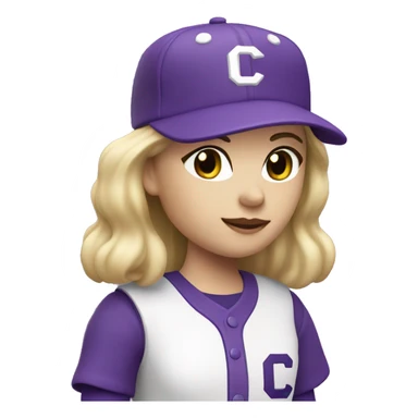 baseball card character. white female. long blonde hair. letter C logo. Purple and white uniform.  sticker