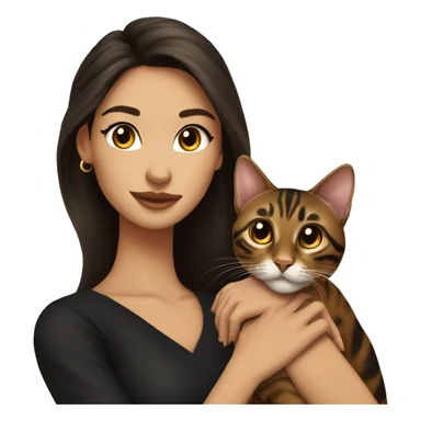 Beautiful skinny woman long dark brown hair in dark dress with gold earrings hug bengal cat sticker