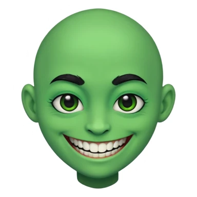 A bald person with bright green sclera and bright green teeth, grinning widely. Has fluffy black neck fur, with a fluffy black body sticker