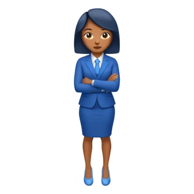 black woman in a blue smart suit and shoes, arms crossed, assertive stance, emoji style sticker